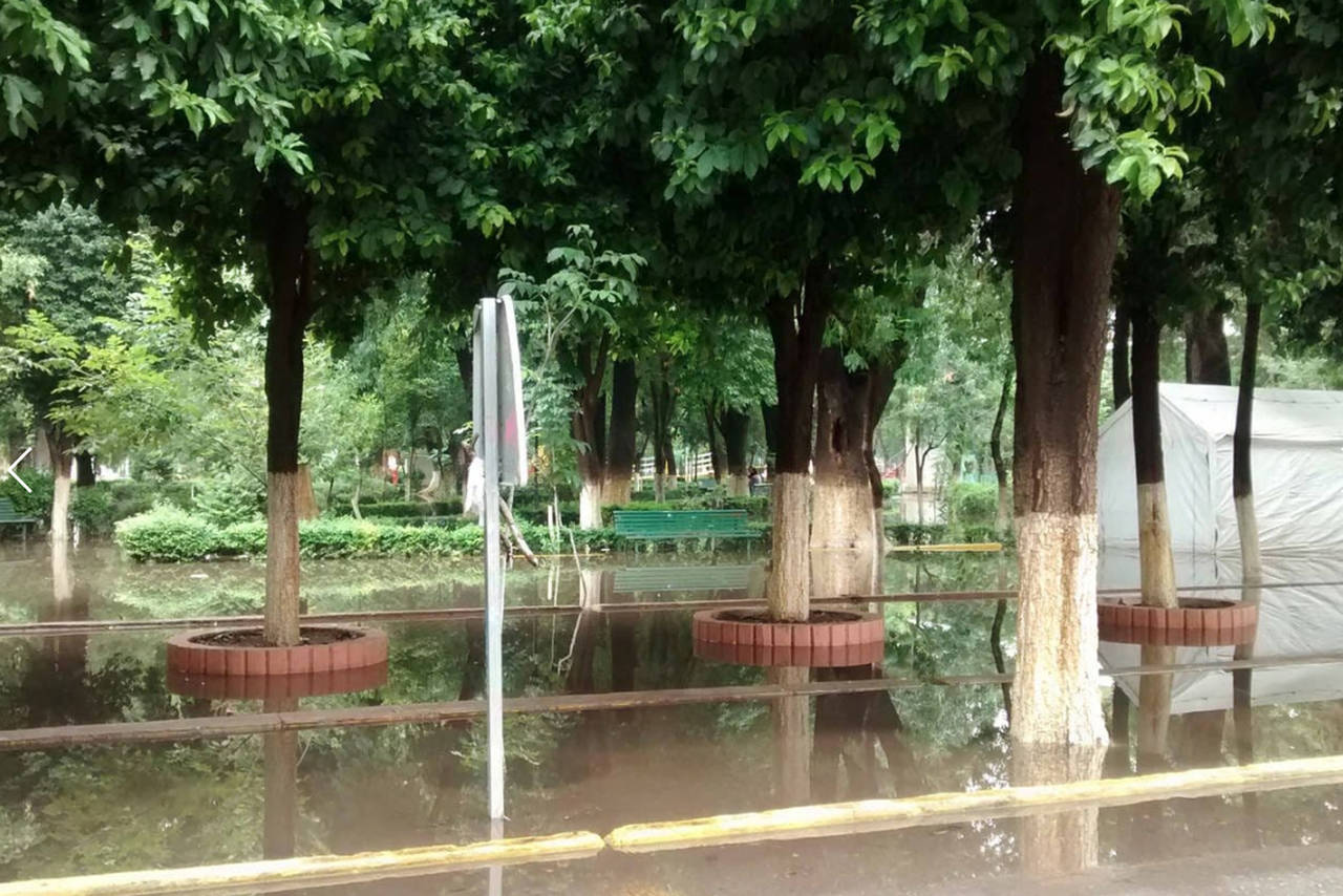 Parque. Así se inunda el parque Victoria cuando llueve porque gran parte del agua del primer cuadro circula hacia allá. (EL SIGLO DE TORREÓN)