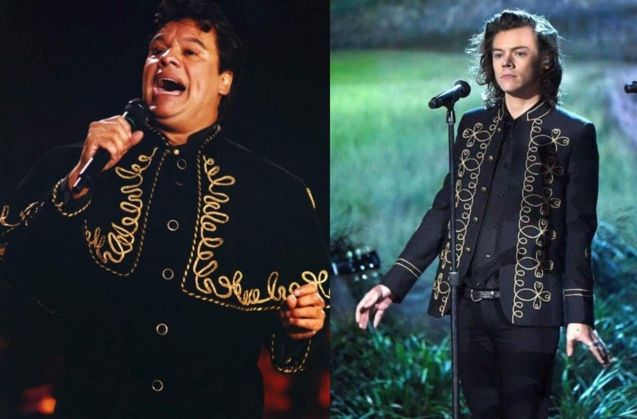 Una serie de fotografías, muestra la comparativa de los diseños usados en las presentaciones de Juan Gabriel y Harry Styles. (ESPECIAL) 
