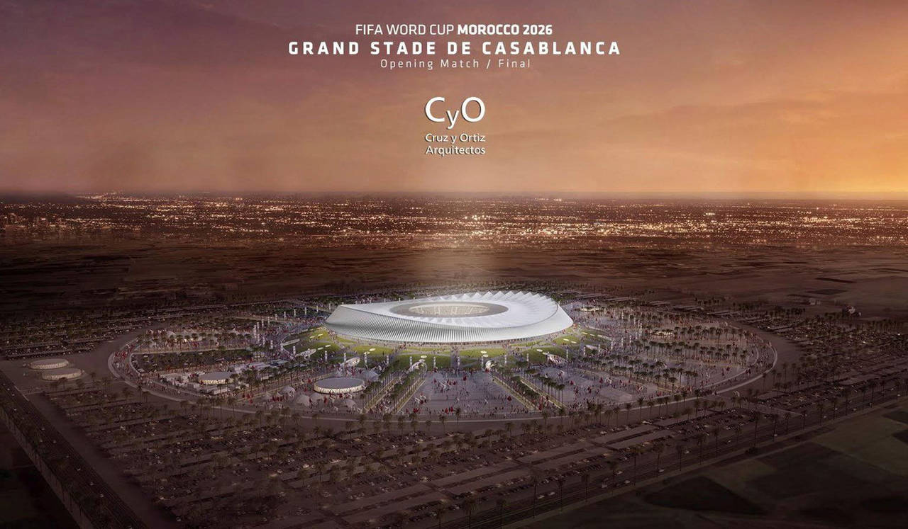Imagen facilitada por la oficina española Cruz y Ortiz Arquitectos, que proyecta el estadio de la gran final de la candidatura para el mundial de Marruecos 2026, que tendrá una capacidad de 90 mil espectadores y se ubicará en Casablanca. (EFE)