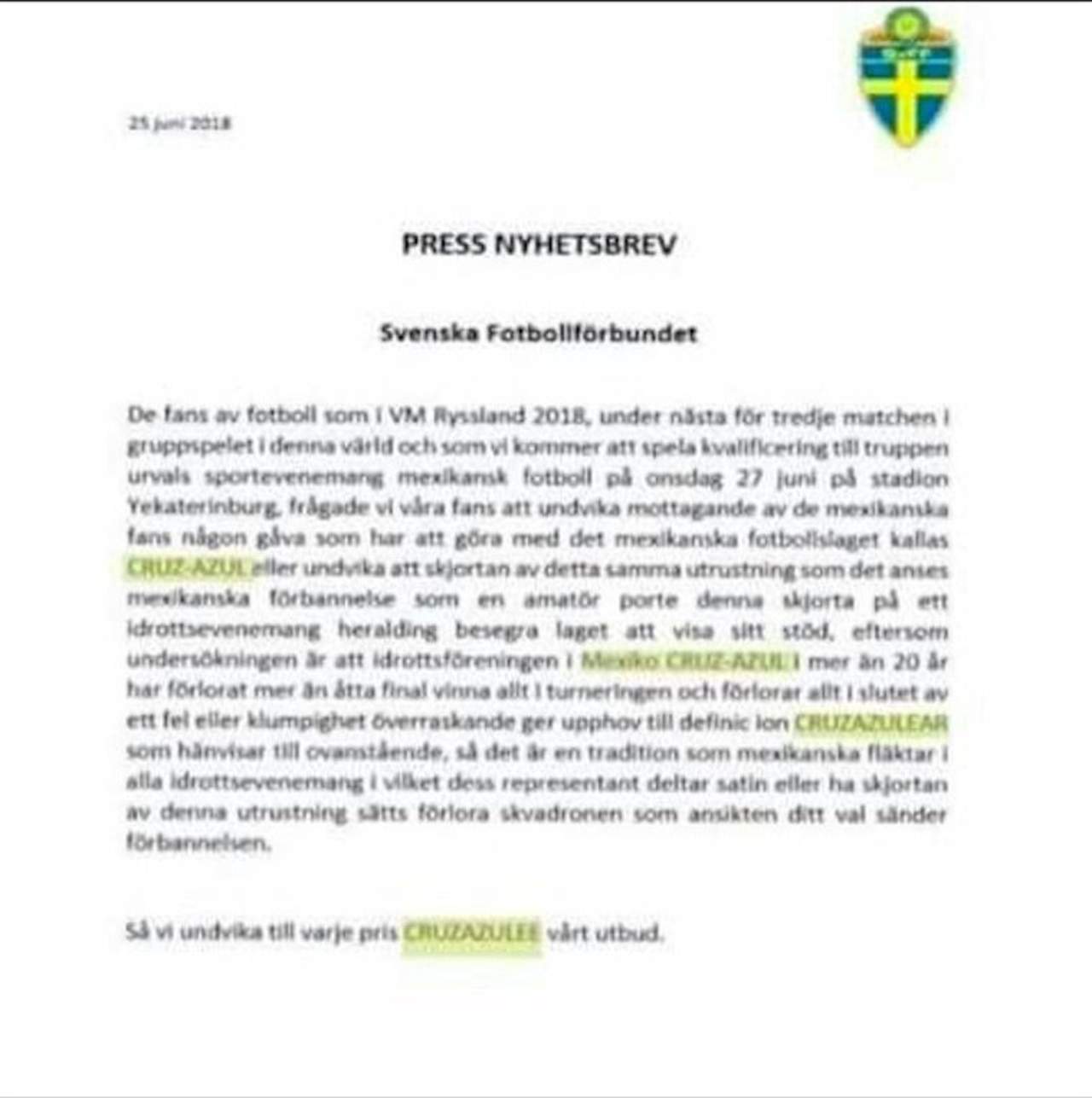 El texto simula una advertencia del organismo sueco sobre la 'mala suerte' que implicaría portar la playera del Cruz Azul. (ARCHIVO)