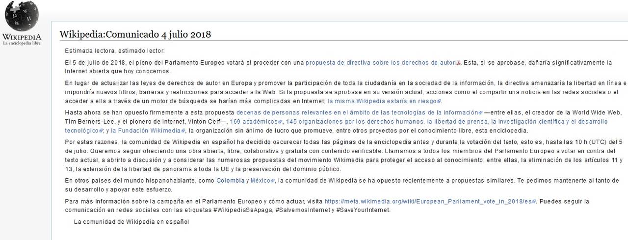 Protestas. Wikipedia decidió apagar su servicio durante todo el día de ayer y hasta las 10:00 GMT de hoy. (WIKIPEDIA.ORG)