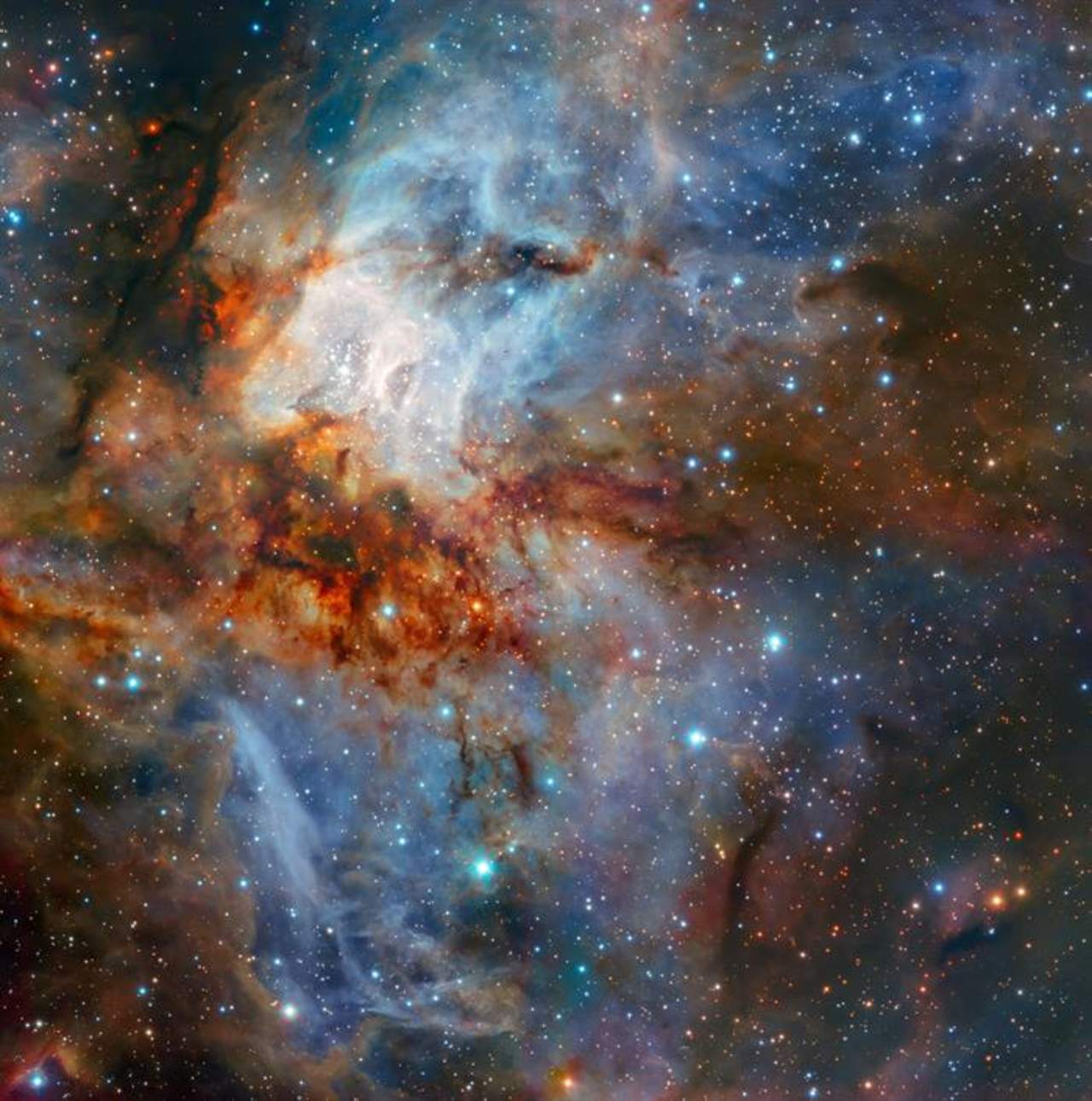 Muestra a este cúmulo estelar joven rodeado de nubes de gas intensamente brillantes y detalladas, junto con trazos de polvo oscuro en forma de enredadera en torno al núcleo. (EFE)
