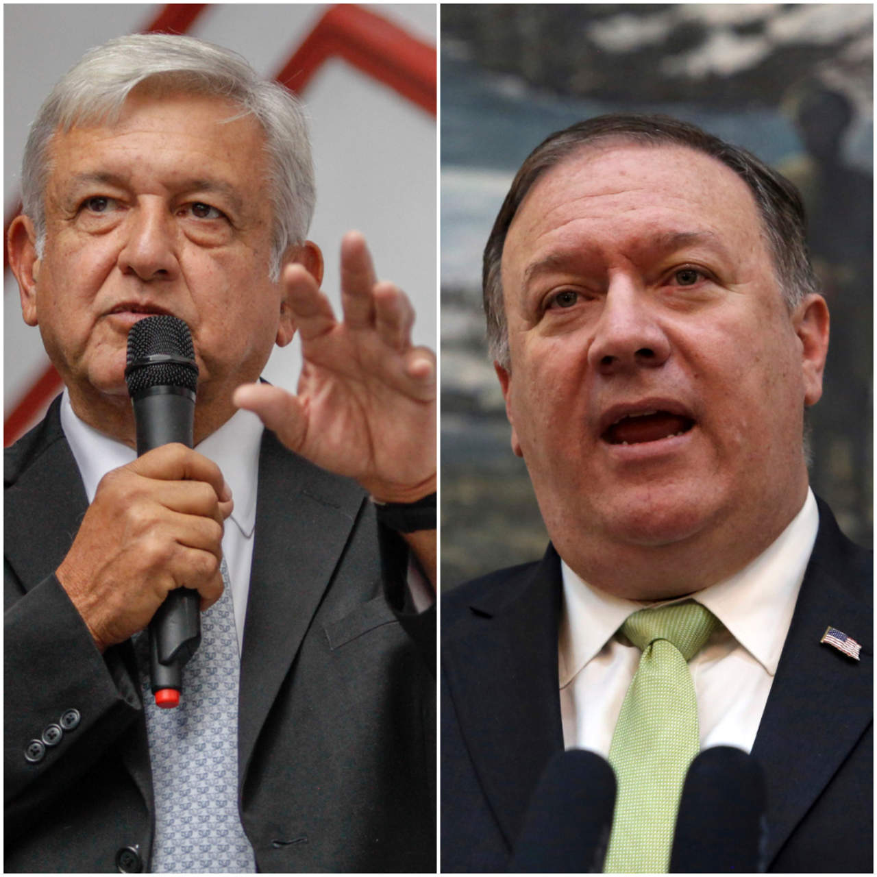 Esto previo al encuentro de mañana viernes entre López Obrador (izq.) y una delegación de alto nivel del gobierno de EU, encabezada por el Secretario de Estado, Michael Pompeo (der). (ESPECIAL)
