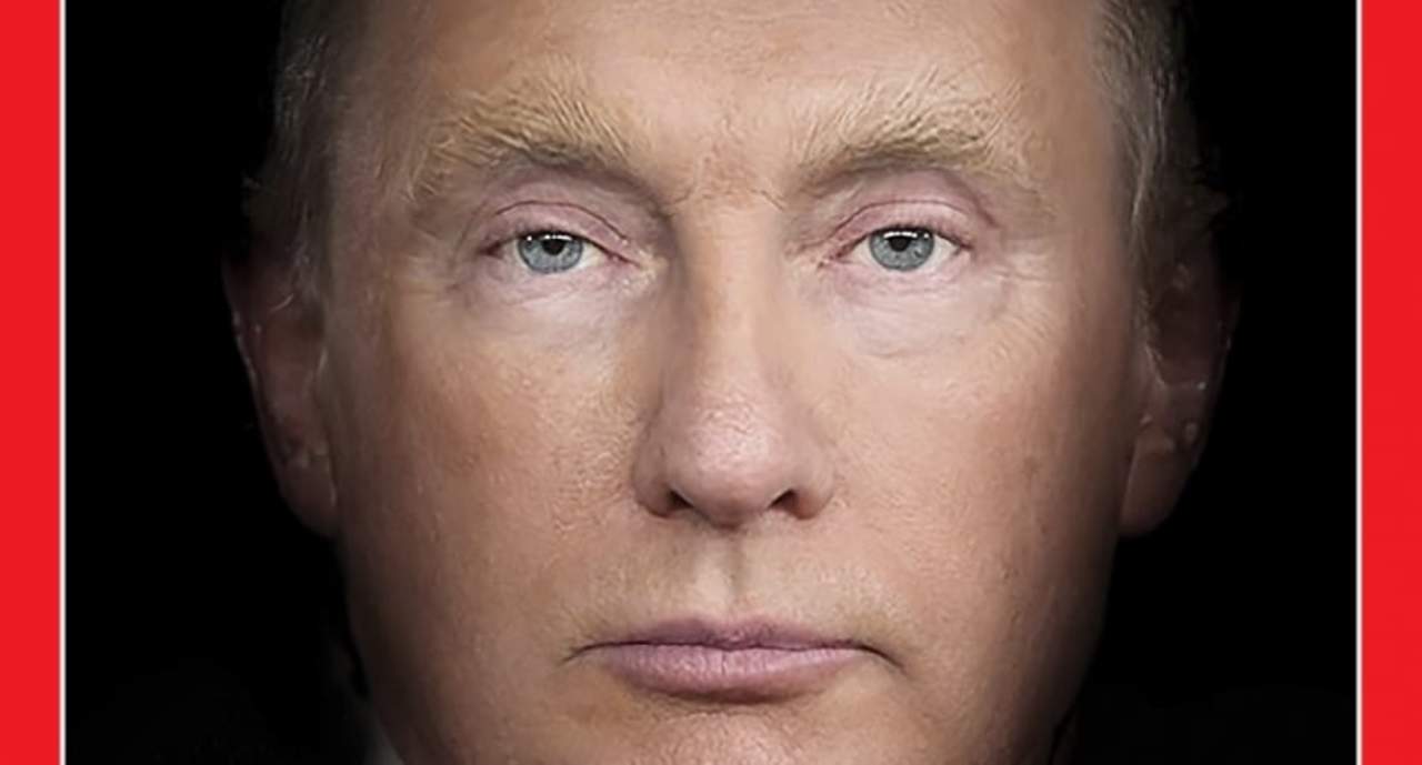 Time muestra al presidente estadounidense Donald Trump y a su homólogo ruso Vladímir Putin fusionándose, en lo que representa una dura crítica tras el encuentro que ambos sostuvieron en Helsinki. (TIME)