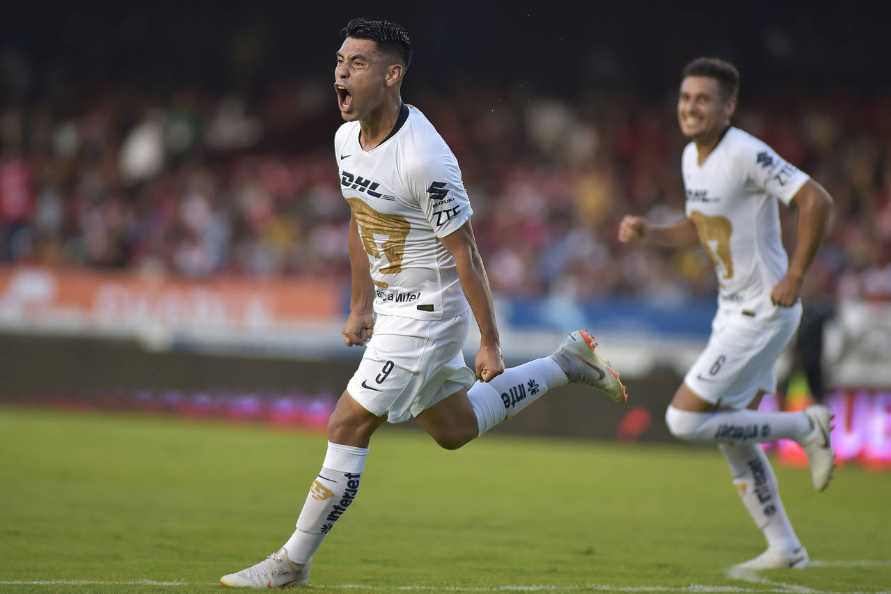 Felipe Mora, del Pumas, en festejo durante el juego de la jornada 1 del Torneo Apertura 2018 de la Liga MX en el Estadio Luis Pirata Fuente. (Jam Media)