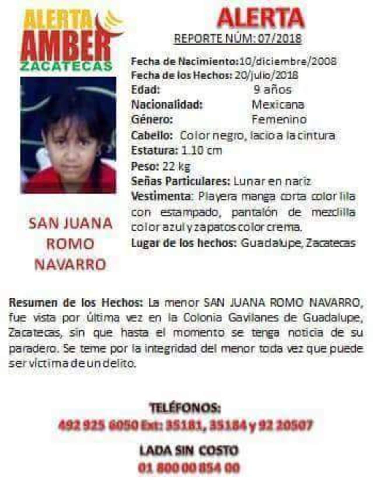 La niña San Juana Romo Navarro, había desaparecido el pasado viernes 20 de julio cuando salió a la tienda. (TWITTER)