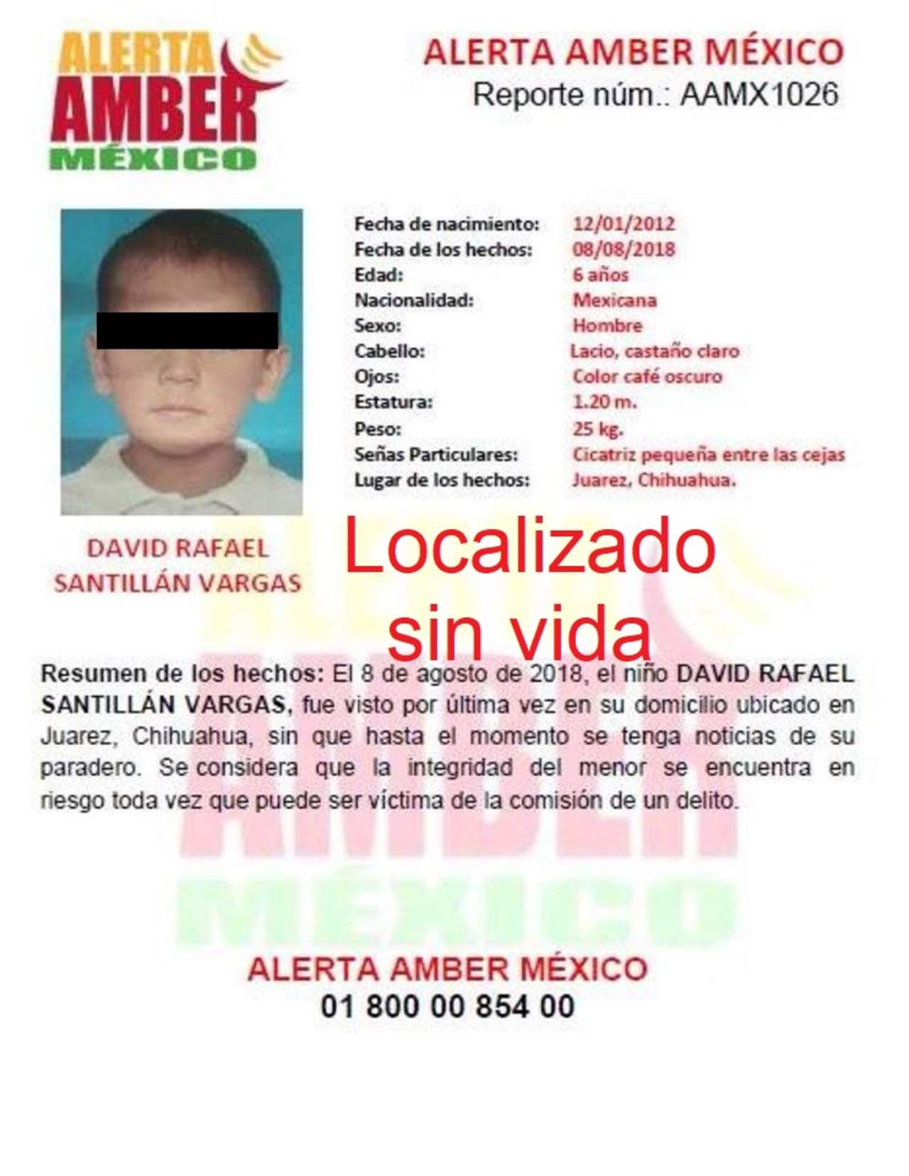  David Rafael Santillán Cruz, 'Rafita', el menor de seis años desaparecido desde el 8 de agosto, fue localizado muerto en un terreno baldío cerca del fraccionamiento Praderas del Pacífico, en Ciudad Juárez, Chihuahua, informaron autoridades de seguridad. (TWITTER)