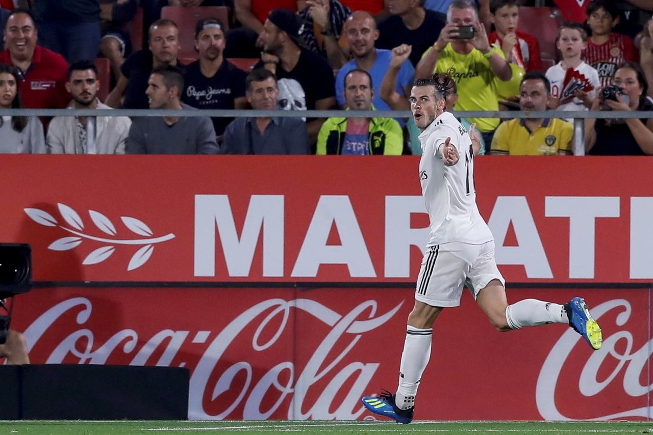 El delantero galés del Real Madrid, Gareth Bale, celebra el tercer gol del equipo blanco.