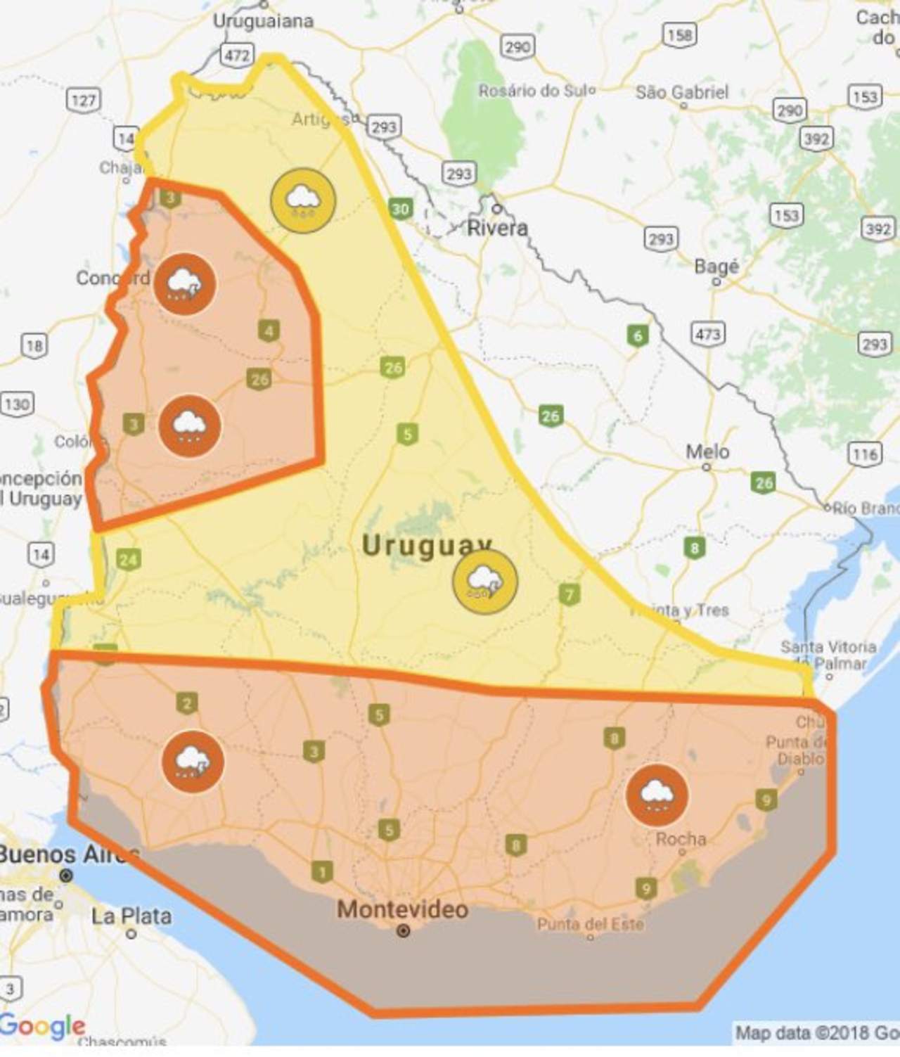 El Instituto Nacional de Meteorología de Uruguay (Inumet) emitió ayer una alerta naranja para doce departamentos del país por tormentas fuertes y lluvias intensas mientras que para hoy se ha reducido a tres localidades del suroeste del país. 