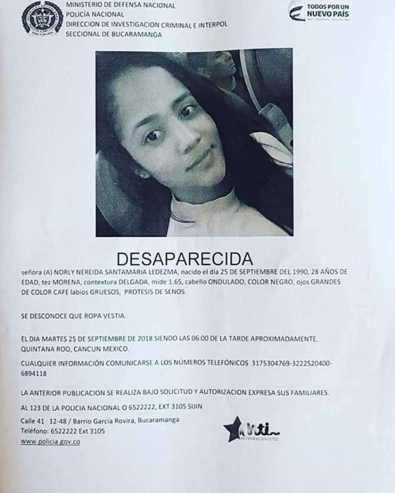 La joven colombiana Norly Santamaría Ledesma fue reportada como desaparecida en el municipio de Benito Juárez, en Quintana Roo. (FACEBOOK)