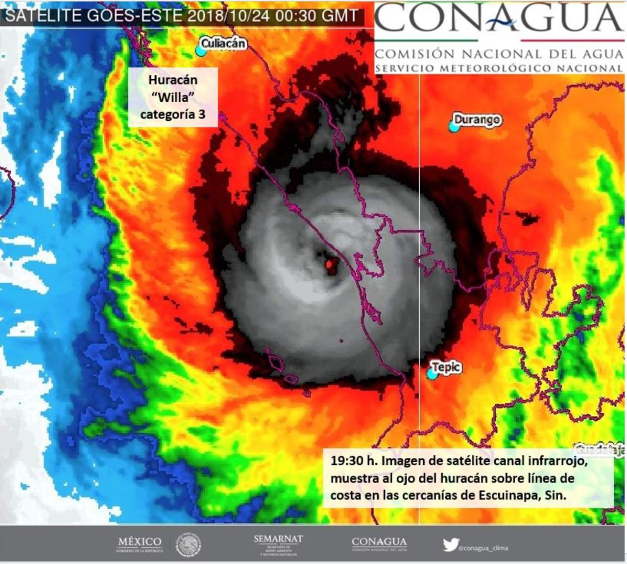 La Comisión Nacional del Agua (Conagua) dio a conocer que Willa se desplaza a 17 kilómetros por hora, con vientos de 195 kilómetros por hora (km/h) y rachas de 240 km/h. (ESPECIAL)