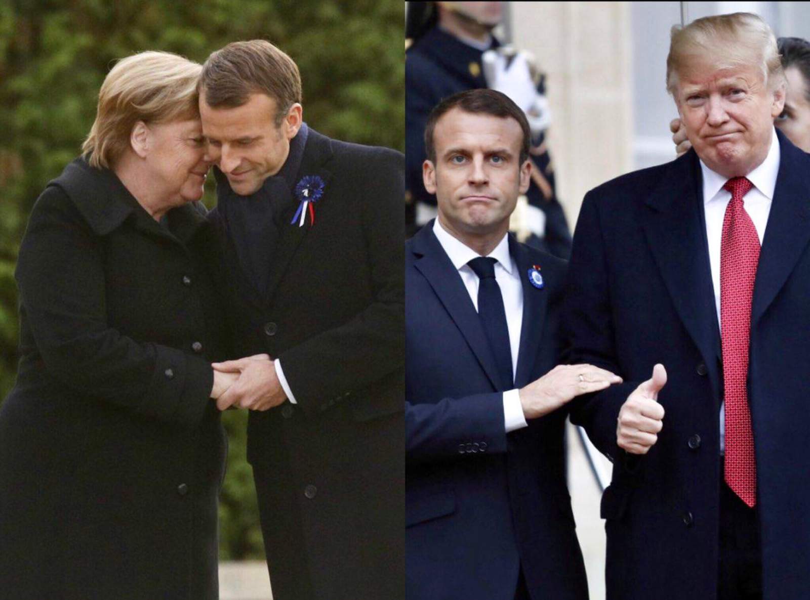 Contraste. A la izquierda, el presidente francés Emmanuel Macron y la canciller alemana Angela Merkel en una interacción amistosa durante el encuentro con motivo del centenario del armisticio de la I Guerra Mundial; a la derecha, Macron y el presidente de EU, Donald Trump, en un frío saludo.