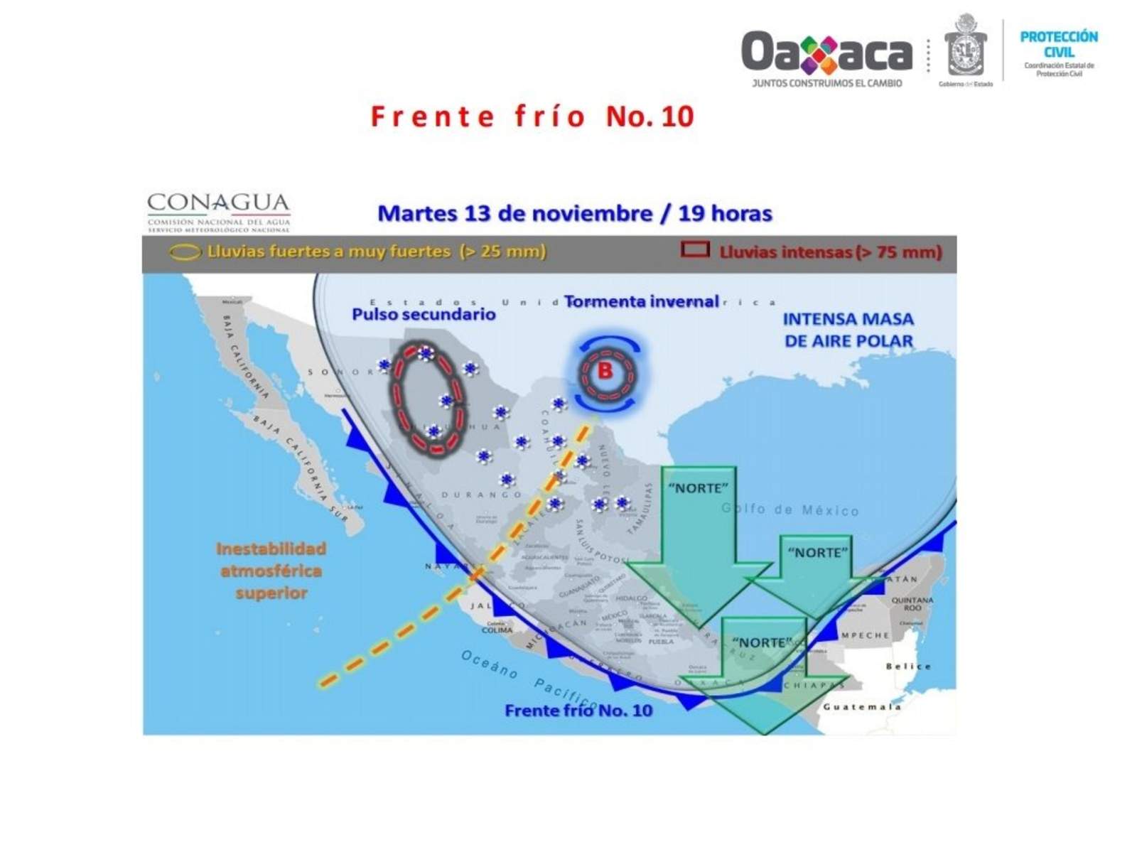 La Coordinación Estatal de Protección Civil de Oaxaca (Cepco) informó que se mantienen parcialmente cerrados los puertos de Salina Cruz y Huatulco a embarcaciones menores por los efectos del frente frío número 10 que generan “Evento Norte” en la entidad. (TWITTER)