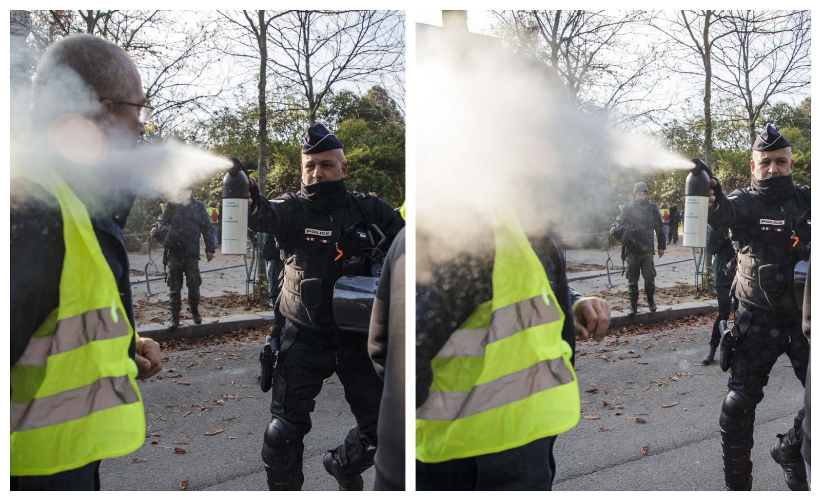 Reacción. Un oficial de policía usa gas lacrimógeno contra un manifestante ayer en París.