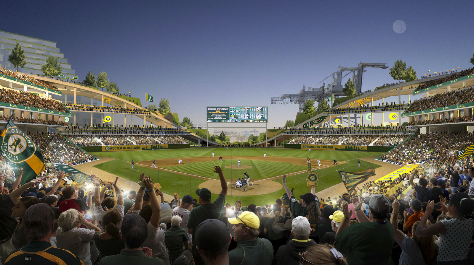 Bosquejo del proyecto del nuevo estadio de los Atléticos de Oakland en Howard Terminal en Oakland, California.