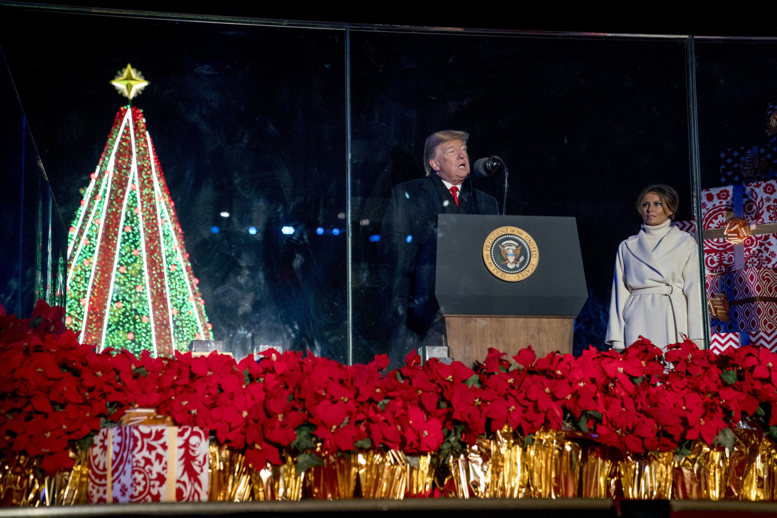 Tradición. El presidente Donald Trump y su esposa Melania encendieron las luces del Árbol Nacional de Navidad en el parque ubicado detrás de la Casa Blanca. (AP)