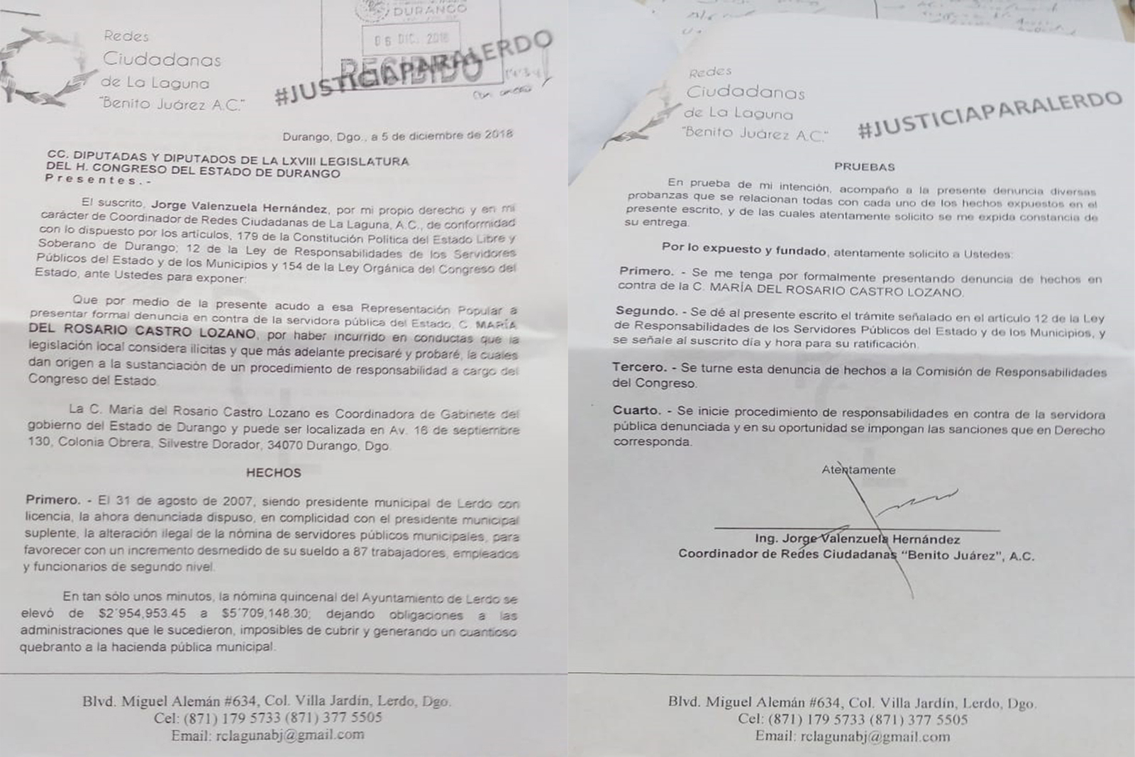 Denuncia. Redes Ciudadanas ratificó ante el Congreso del Estado la denuncia por afectaciones al municipio de Lerdo.