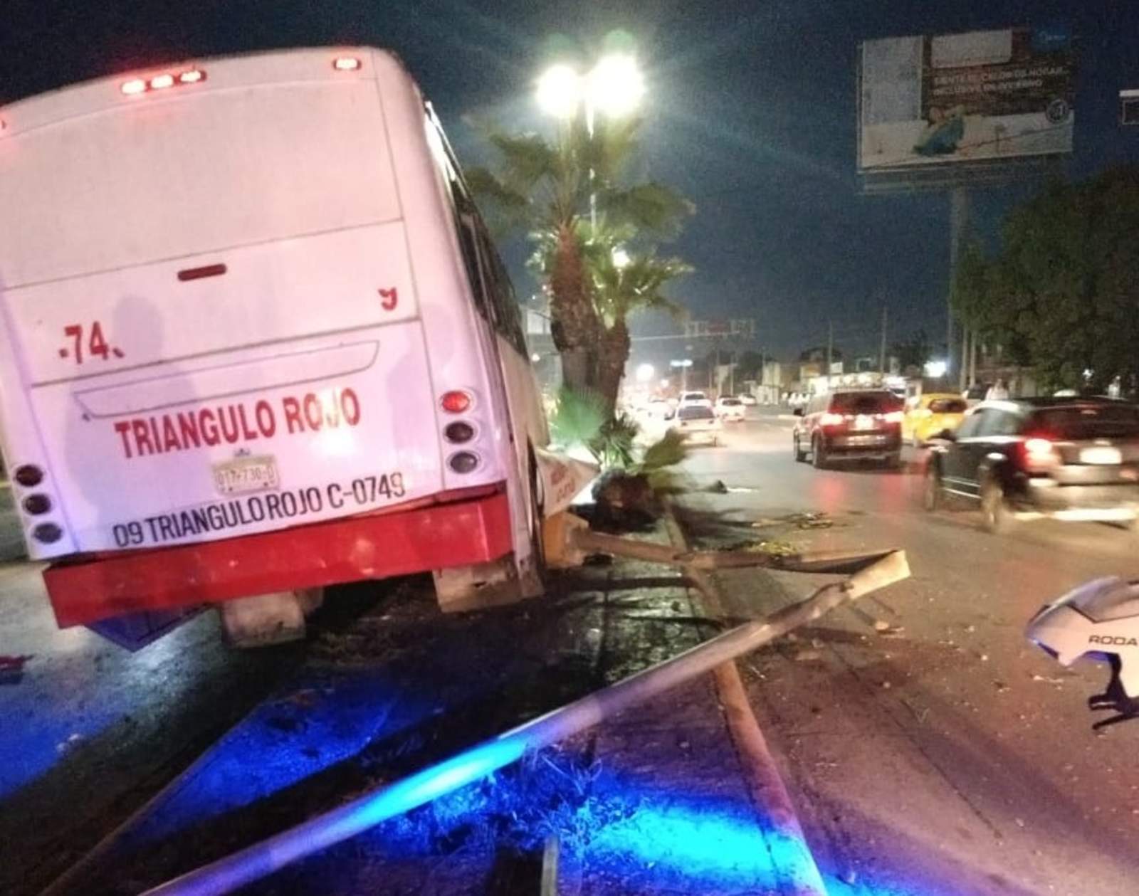 Autobús derriba palmas y una luminaria en Torreón