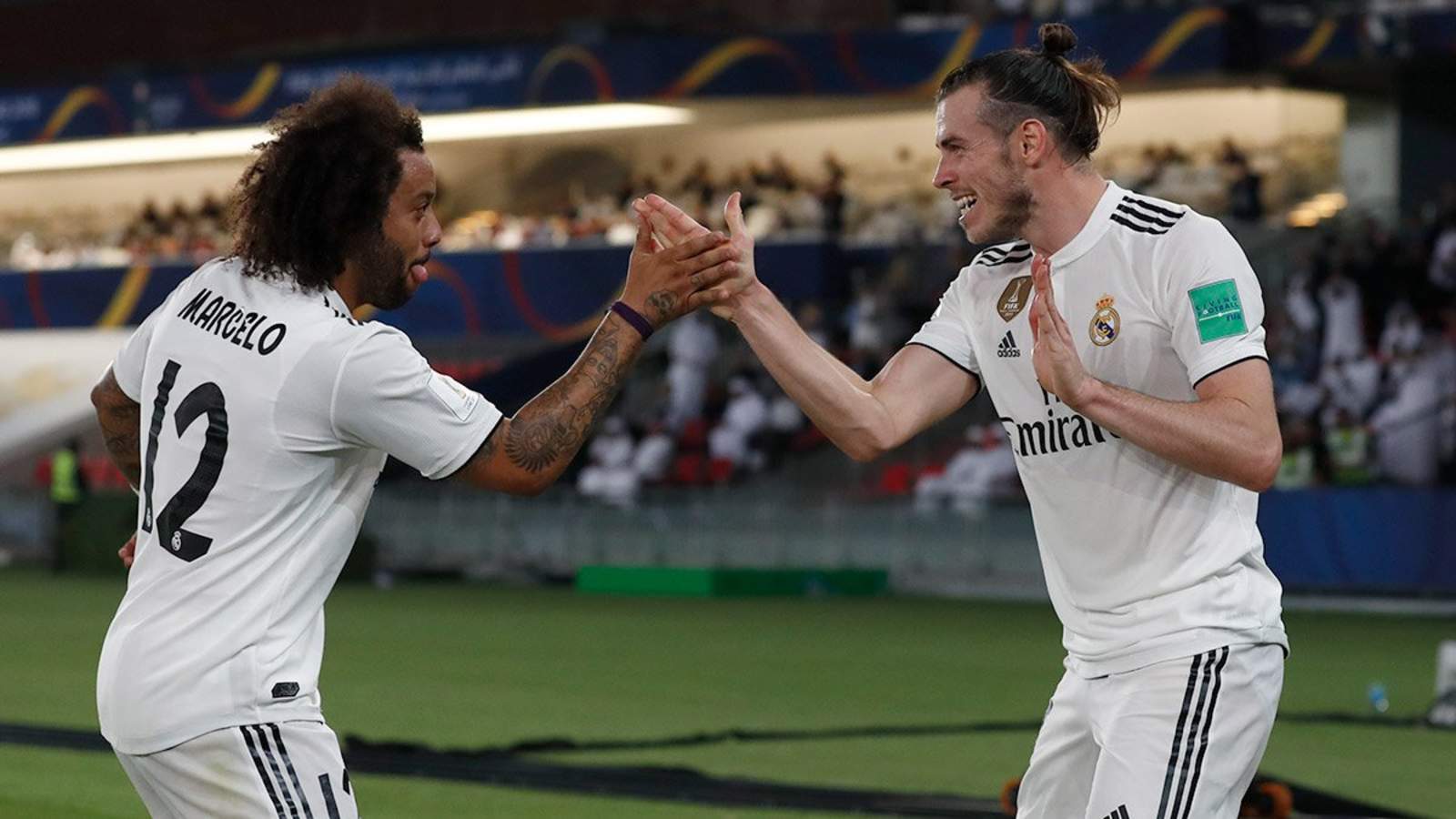 Marcelo y Gareth Bale festejan tras a tercera anotación del galés ante el Kashima Antlers en el Mundial de Clubes 2018. (Especial)