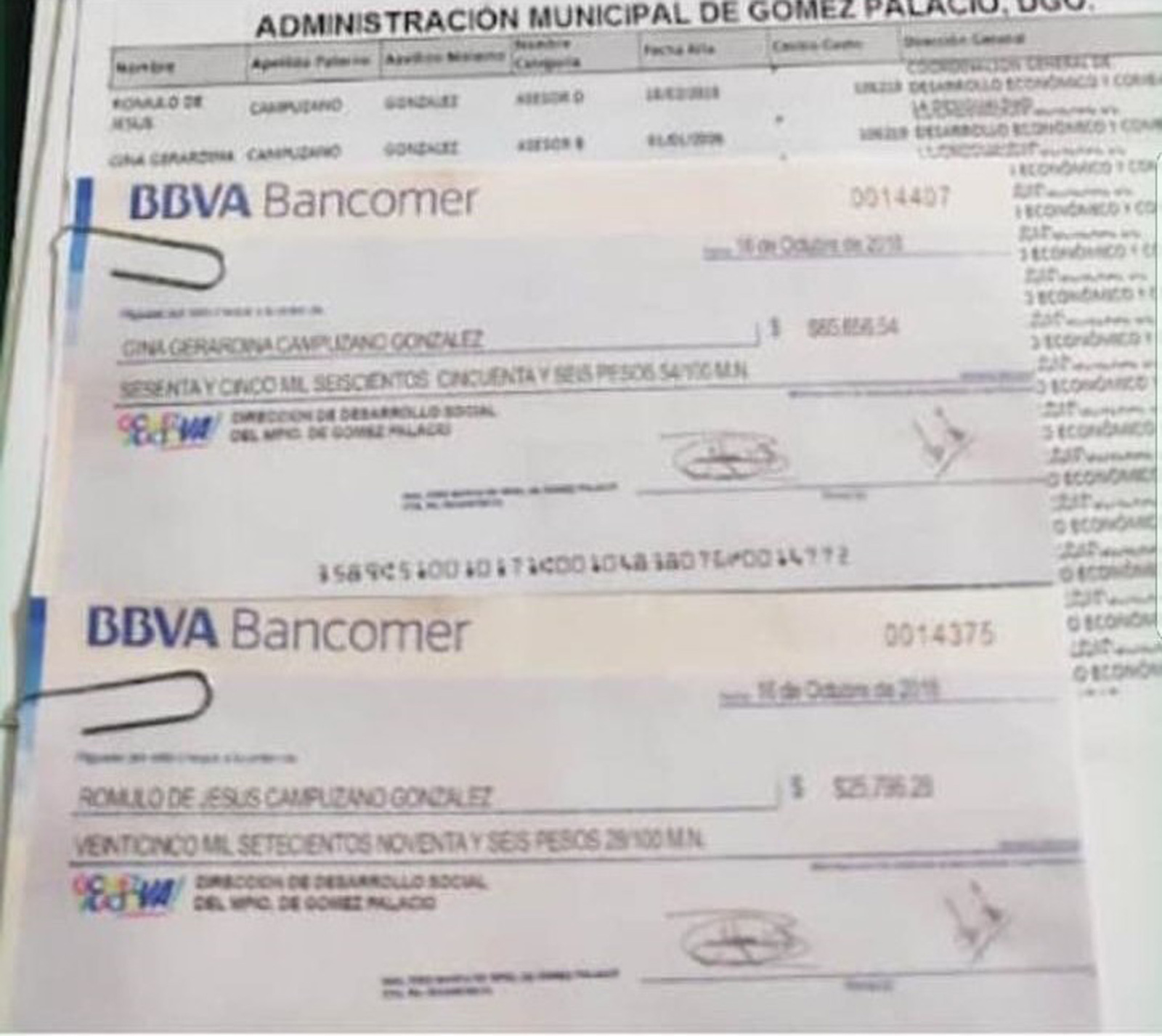 Los cheques, presuntamente falsificados, se dieron a conocer en redes sociales y están a nombre de los panistas Rómulo y Gina Campuzano González. (EL SIGLO DE TORREÓN)