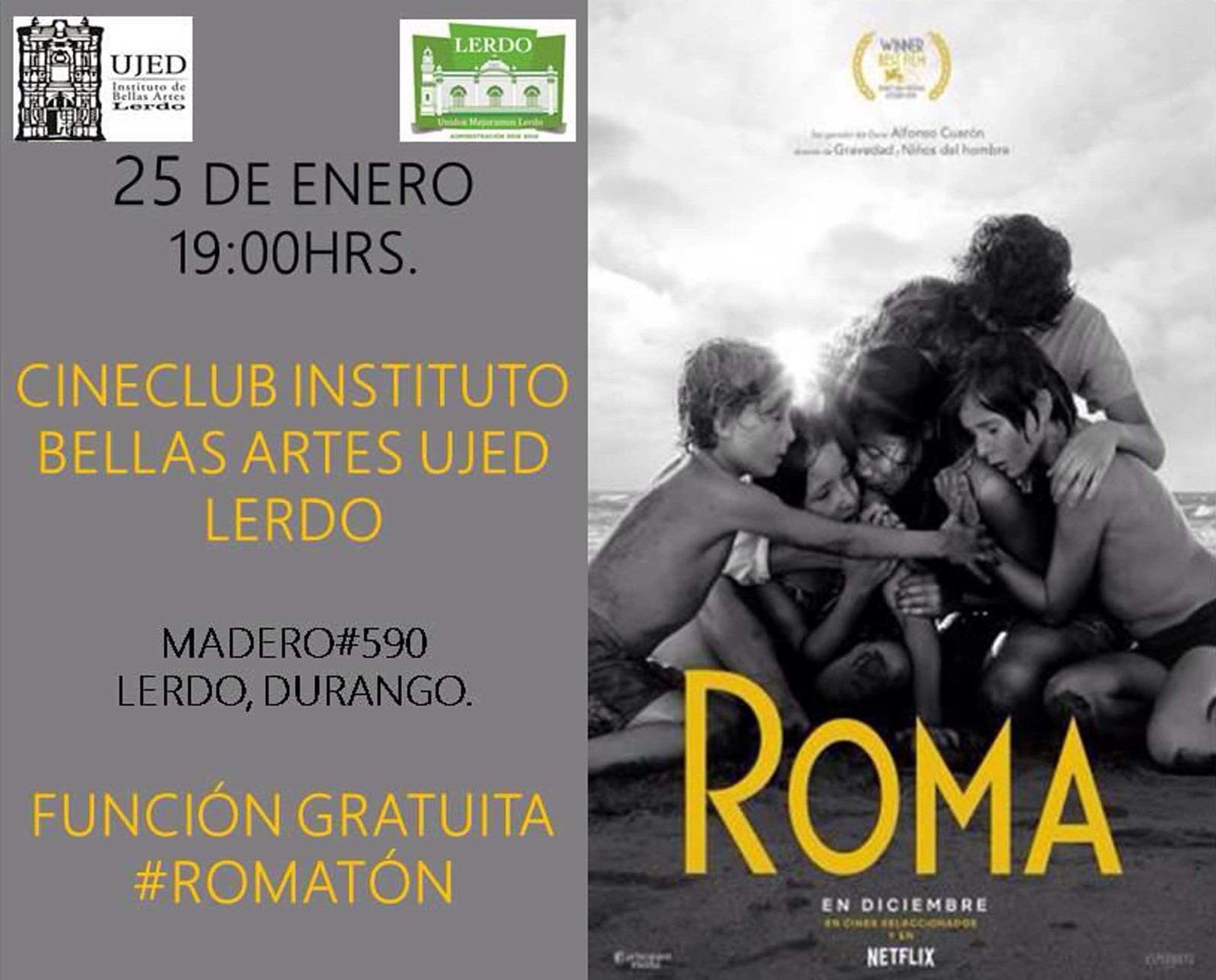 UJED proyectará el filme de Alfonso Cuarón en el Instituto de Bellas Artes en Lerdo, ubicado frente al parque Victoria. (EL SIGLO DE TORREÓN)