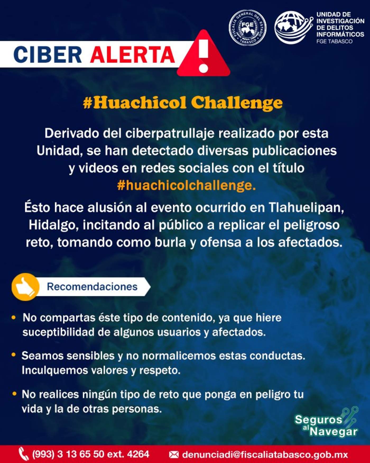 La Fiscalía General del Estado (FGE) Tabasco emitió una alerta contra el #HuachicolChallenge, un reto que circula en redes sociales que hace alusión a los lamentables hechos ocurridos en Tlahuelilpan, Hidalgo, el cual ha cobrado la vida de 114 personas. (TWITTER)