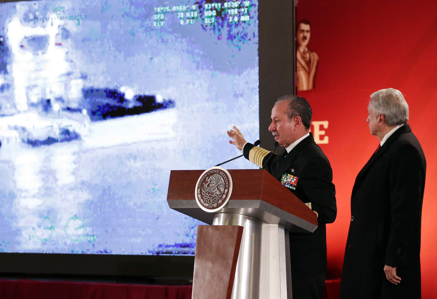 El almirante Rafael Ojeda Durán, secretario de Marina, participó en la conferencia matutina del presidente Andrés Manuel López Obrador. (NOTIMEX) 