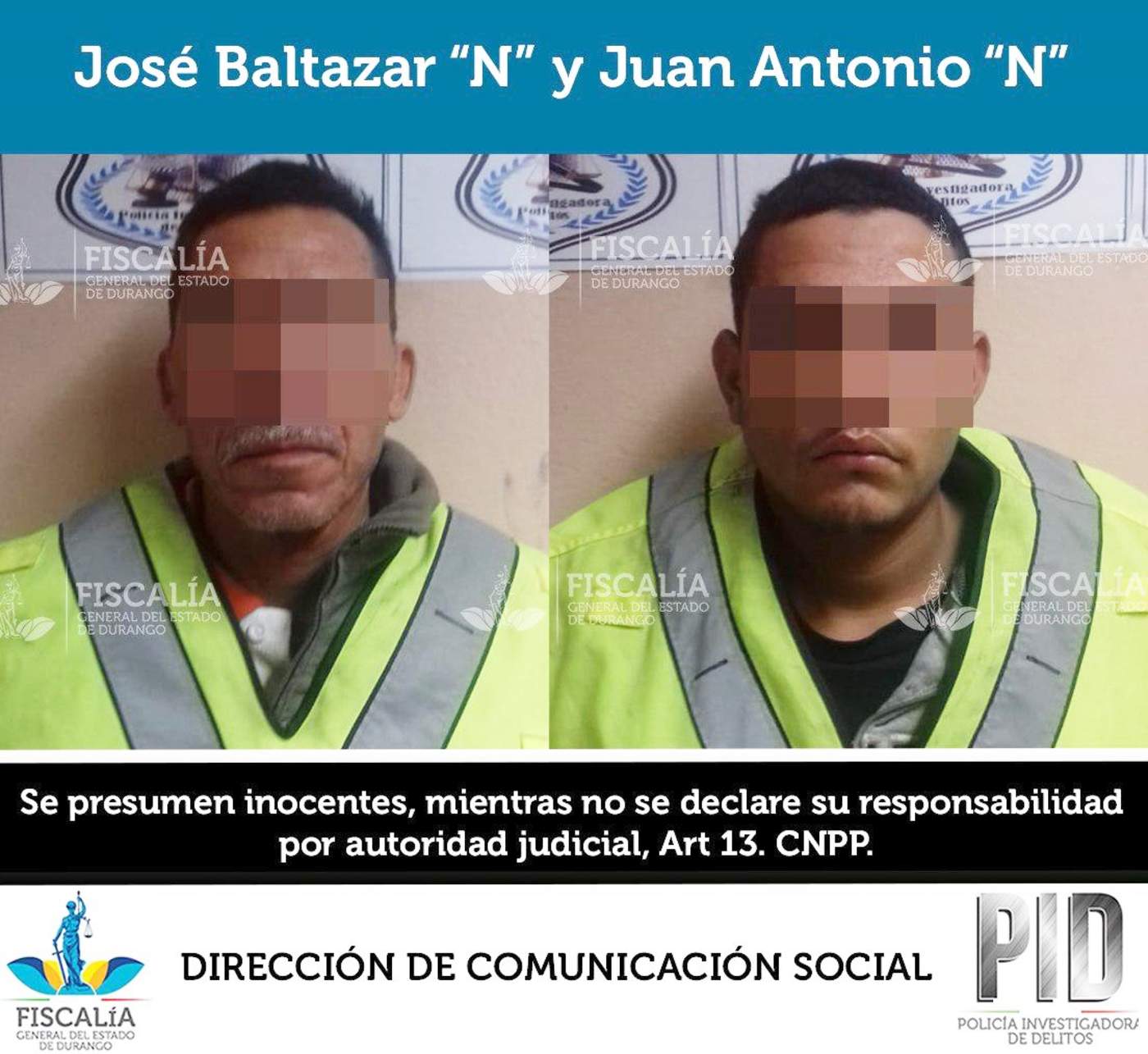 Los detenidos son José Baltazar, de 53 años  y Juan Antonio, de 20 años, ambos con domicilio en Ciudad Juárez, del municipio de Lerdo.  (ESPECIAL) 