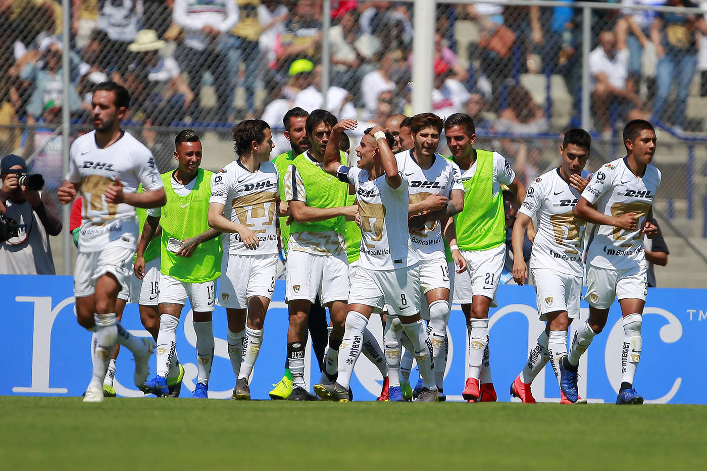Los jugadores de Pumas festejan el tanto de la victoria anotado por el paraguayo Carlos González. (Jam Media)
