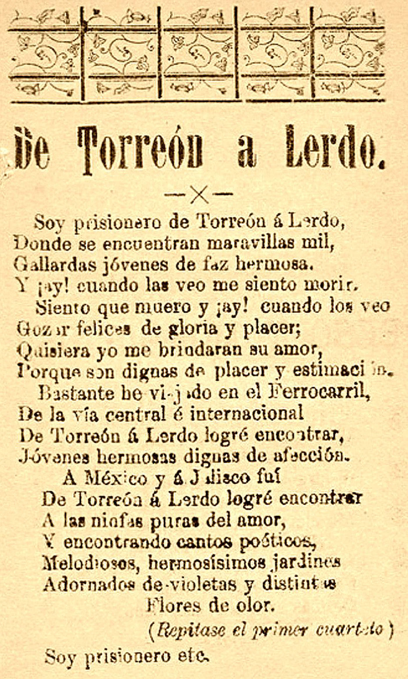 Letra de la melodía De Torreón a Lerdo.