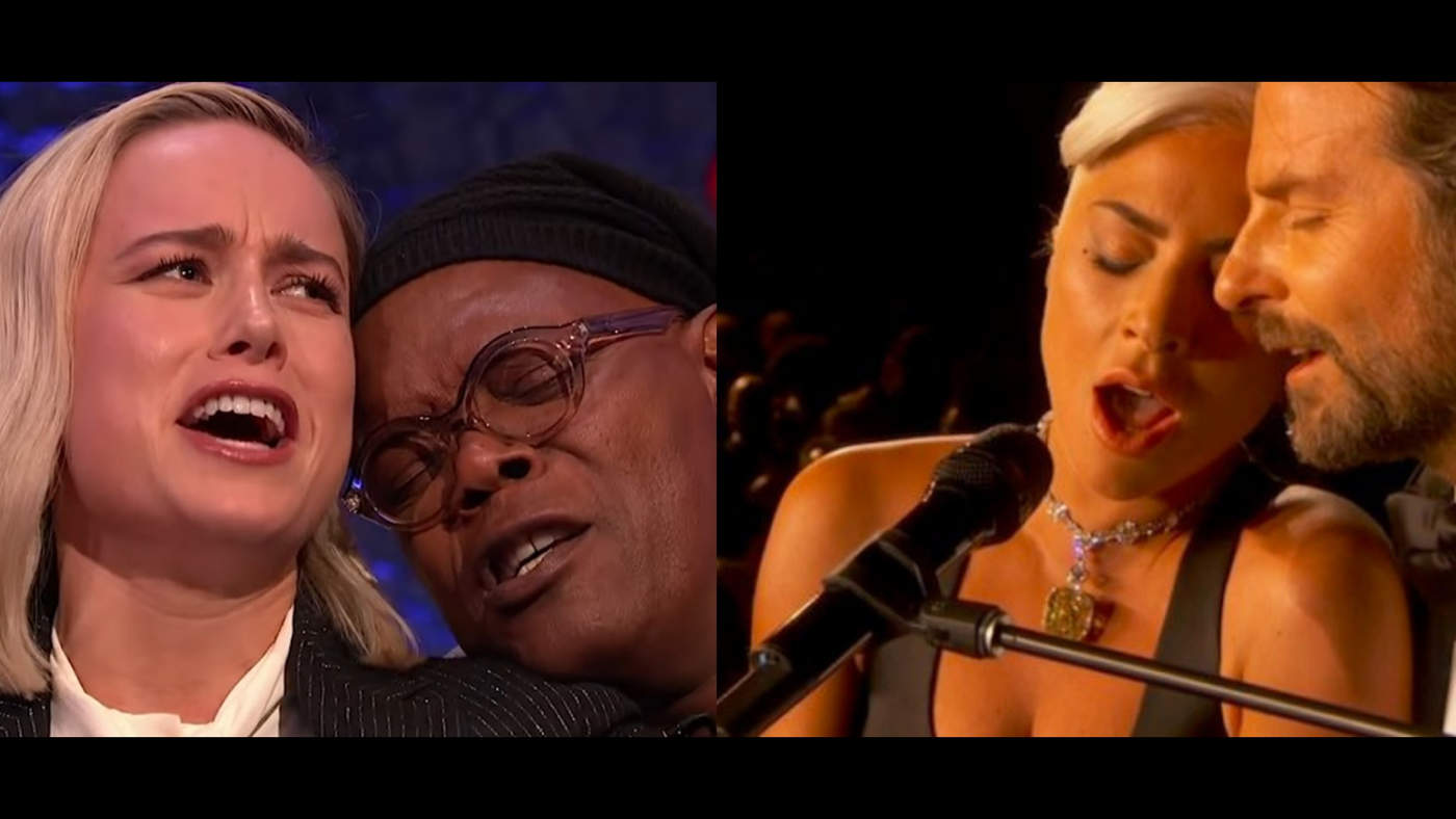 En programa. Capitana Marvel y Nick Fury cantan 'Shallow' al estilo Lady Gaga y Bradley Cooper en la entrega del Oscar. (ESPECIAL)