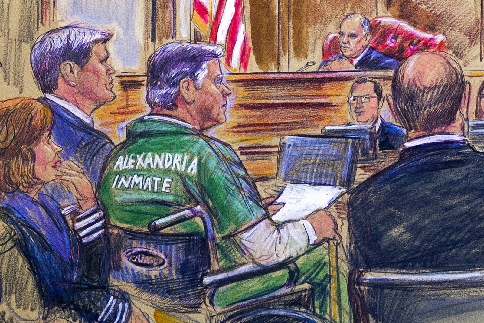 Ayer Paul Manafort estuvo en una silla de ruedas durante su audiencia de sentencia en un tribunal federal de Alexandria, Virginia. (AP)