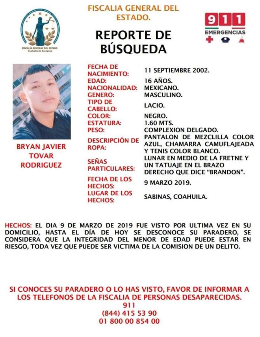 El segundo caso corresponde a Bryan Javier Tovar Rodríguez, de 16 años de edad. (ESPECIAL)