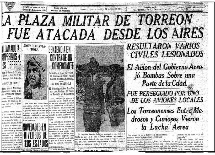 Primera página de El Siglo de Torreón del 16 de marzo de 1929. En una fotografía, se alcanza a apreciar la pequeña bomba que sostiene el ingeniero Rosendo González y que fue arrojada a una vivienda.