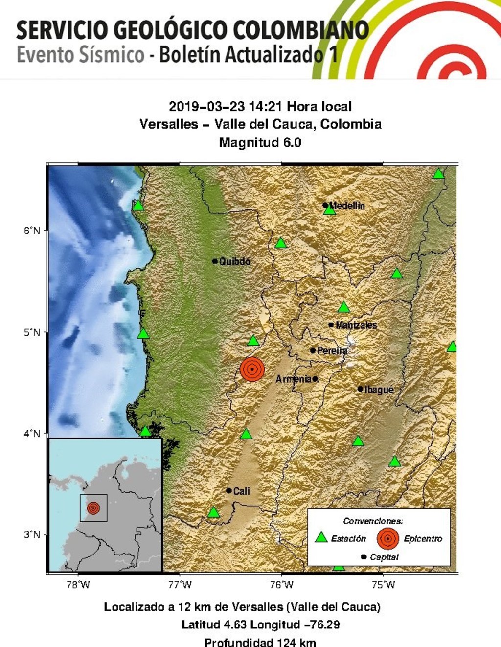 Epicentro del sismo de magnitud 6.0 que se registró ayer a 124 kilómetros de profundidad.