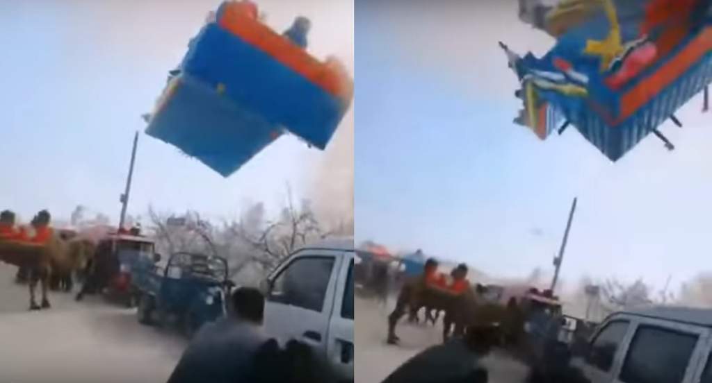 Niños salen volando en castillo inflable a causa de un tornado