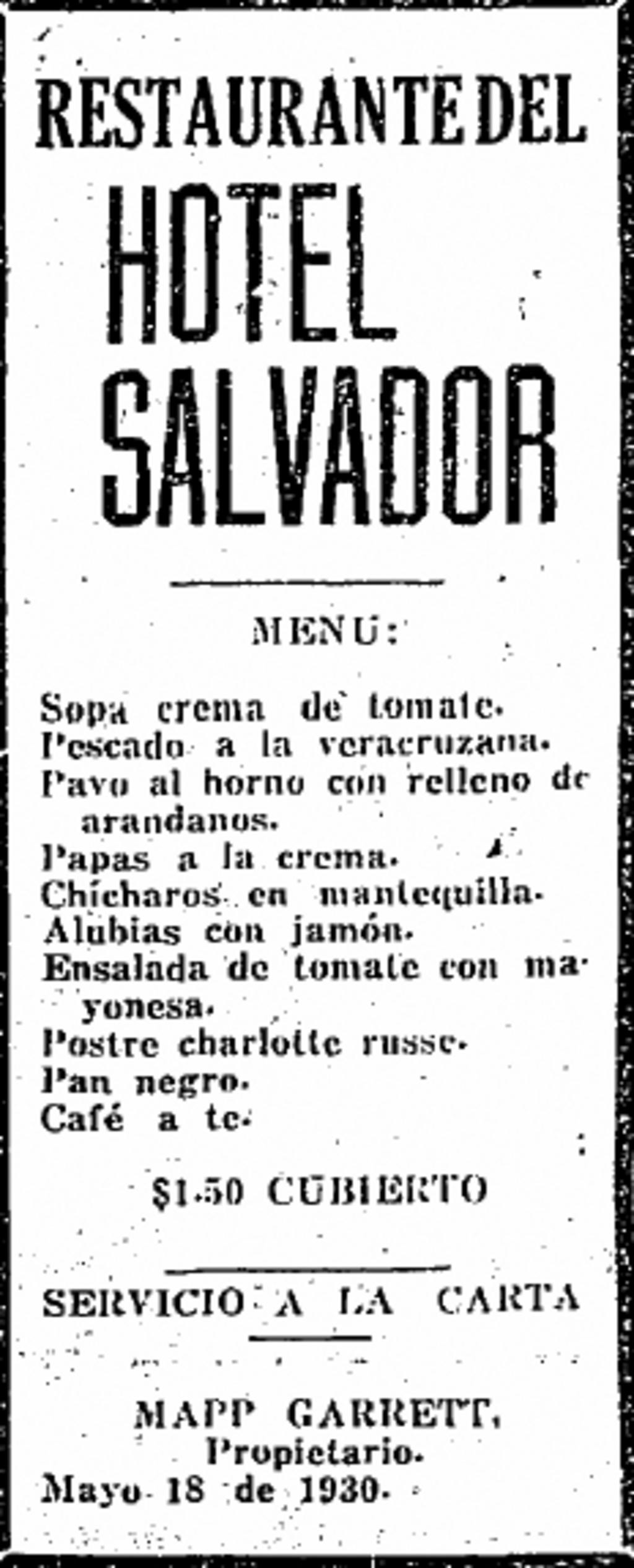 Anuncio en El Siglo del restaurante del Hotel Salvador del 18 de mayo de 1930.