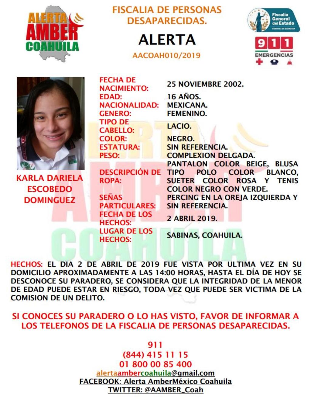 Se trata de Karla Dariela Escobedo Domínguez, de 16 años de edad. (ESPECIAL)