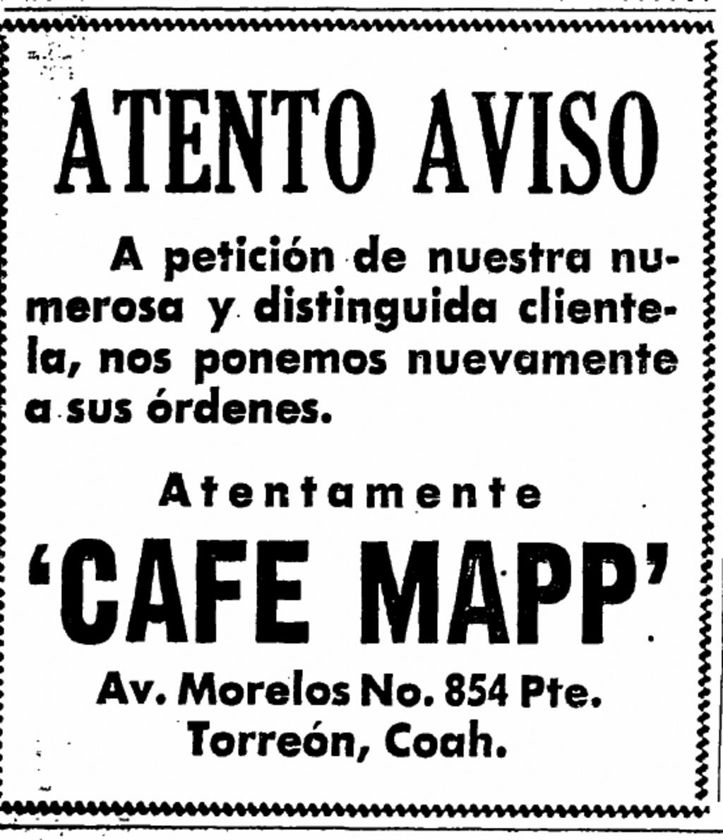 Anuncio del 7 de mayo de 1957 sobre la reapertura del café.