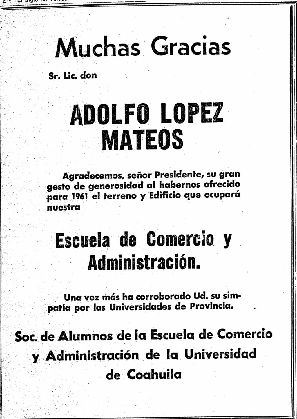 Agradecimiento infructuoso a Adolfo López Mateos, publicado en El Siglo de Torreón, 22 de octubre de 1960.
