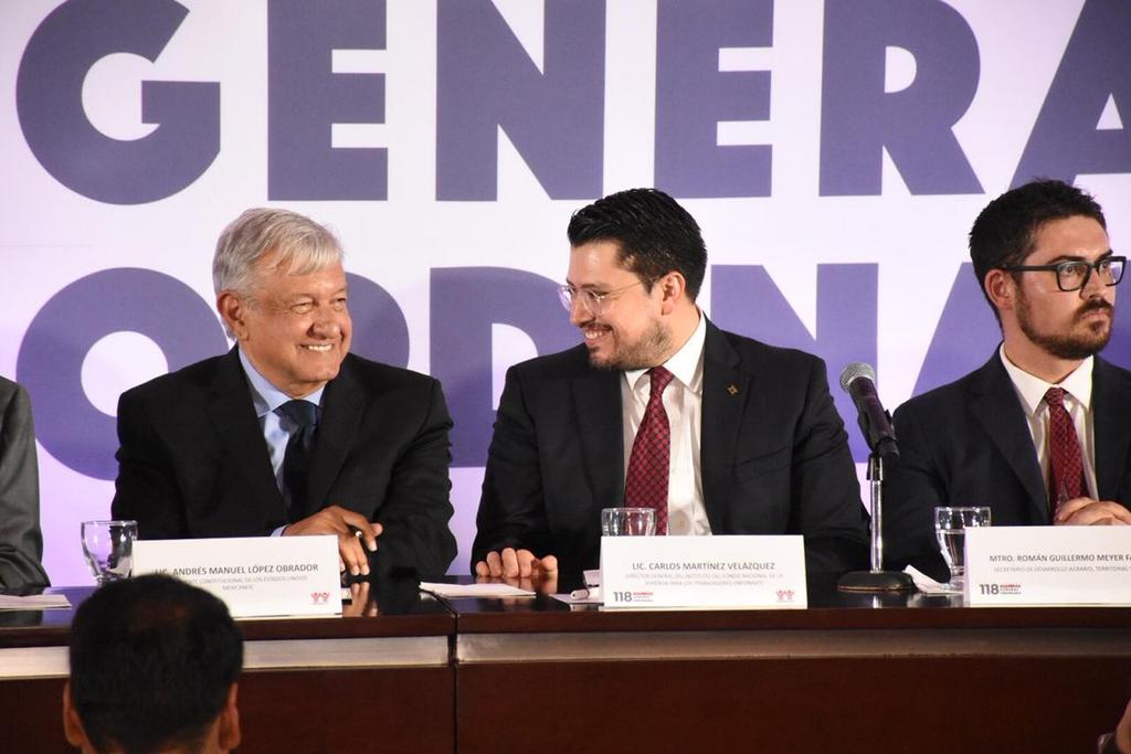  Durante la 118 asamblea general ordinaria del Infonavit, encabezada por el presidente Andrés Manuel López Obrador, el gobierno anunció una nueva política de vivienda que busca dar certeza jurídica a los trabajadores. (TWITTER)