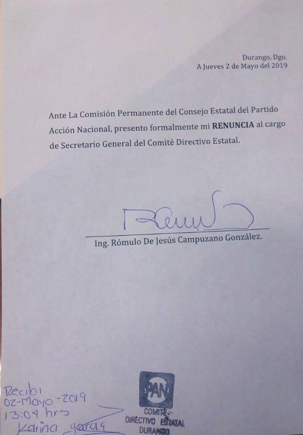 Rómulo de Jesús Campuzano, renunció la tarde del jueves a la Secretar´ía General del Partido Acción Nacional Estatal.  (EL SIGLO DE TORREÓN) 