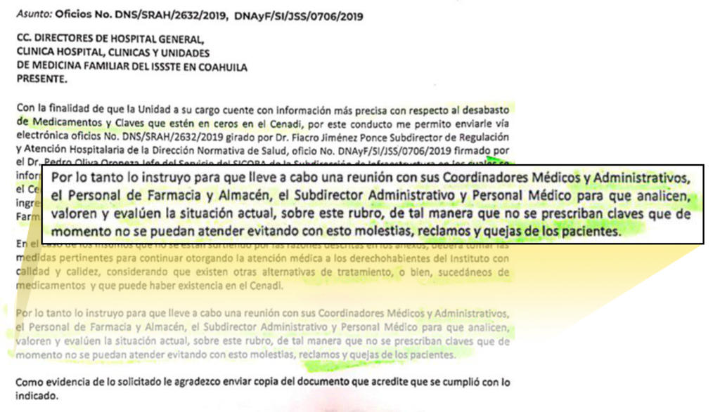 La Subdelegación Médica del ISSSTE en Coahuila emitió incluso recomendaciones internas por el desabasto de medicamentos.