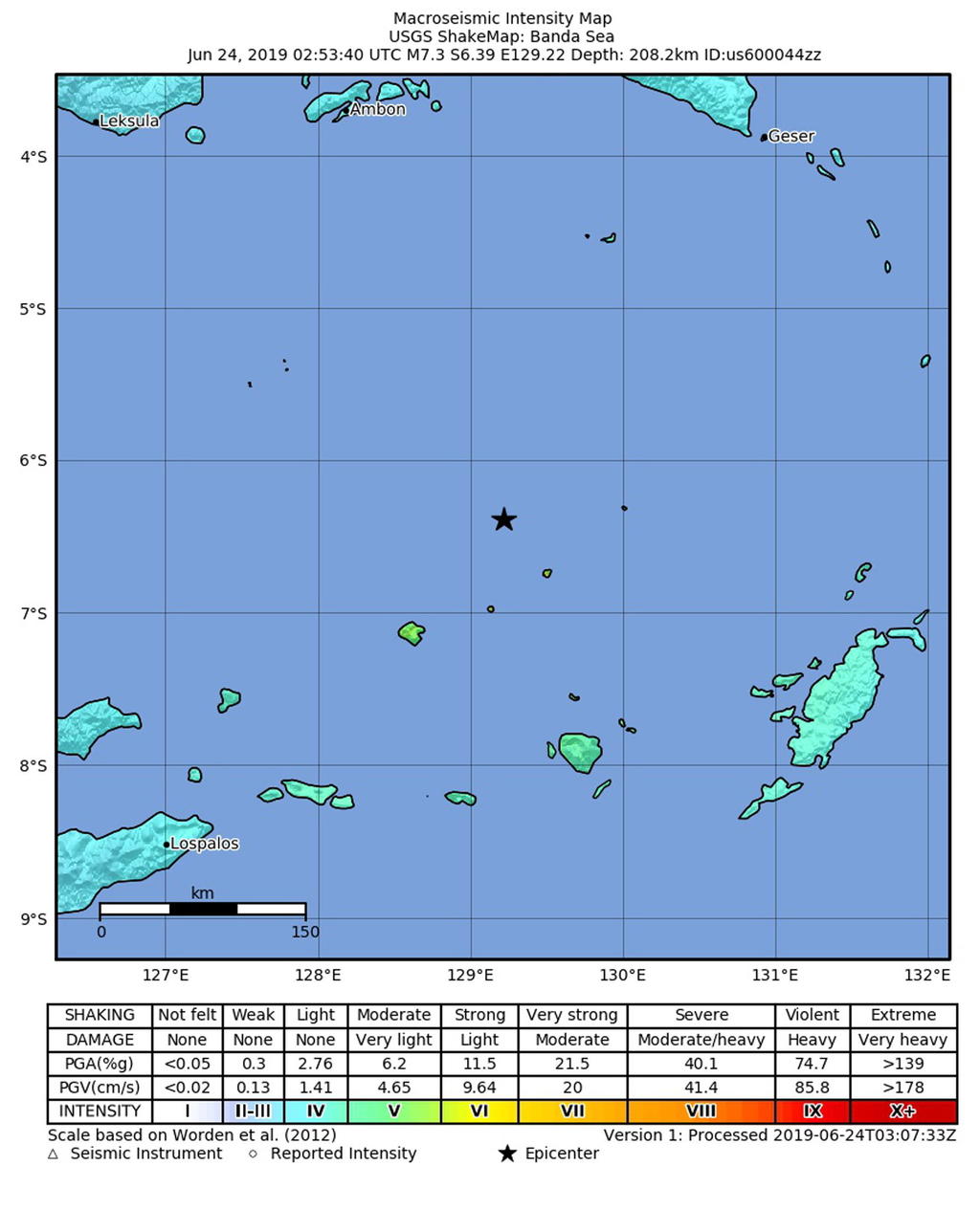 El Servicio Geológico de los Estados Unidos​ (USGS) informó que el temblor se produjo a 208 kilómetros de profundidad al sur de la isla de Ambon, a las 11:53 hora local (4:43 GMT). (EFE)
