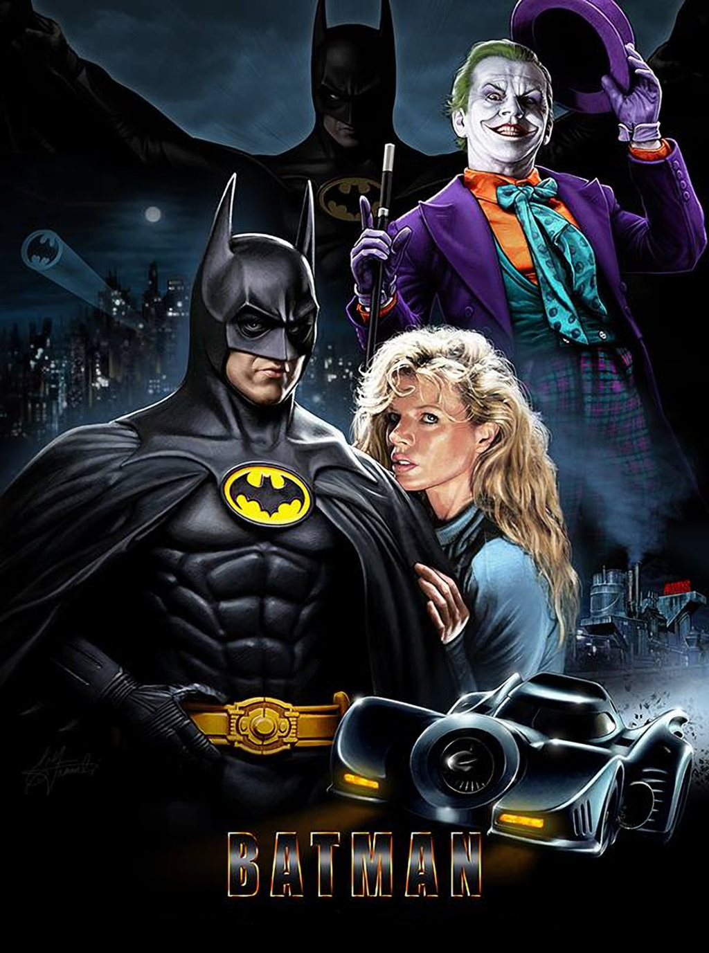 En pantalla. Batman, dirigida por Tim Burton, fue protagonizada por Michael Keaton (Batman), Jack Nicholson (The Joker) y Kim Basinger 'Vicki Vale'.