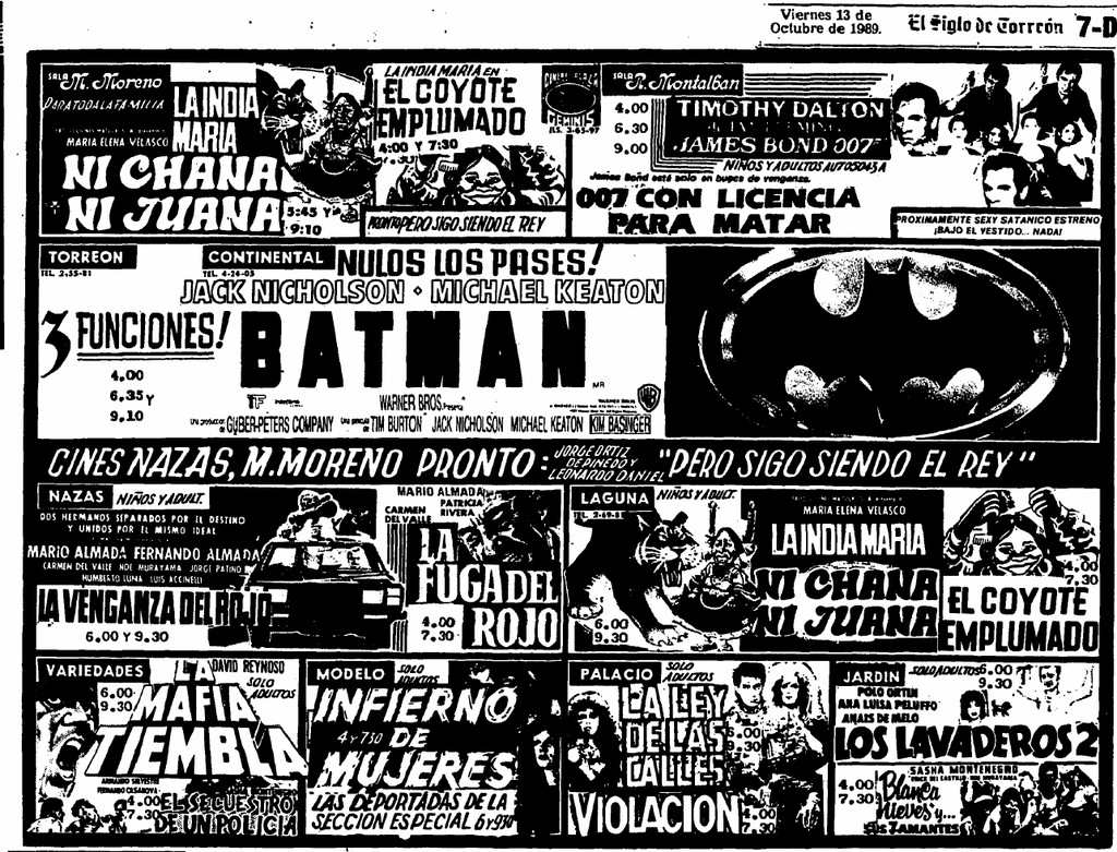 En cartelera. EN las páginas de este diario del 13 de octubre de 1989, se anunciaba la película en los desaparecidos cines Torreón.