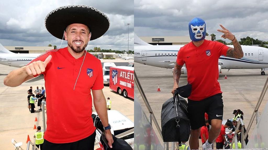 Con artículos y máscaras, jugadores del 'Atleti' toman vuelo rumbo a tierras aztecas. (ESPECIAL)