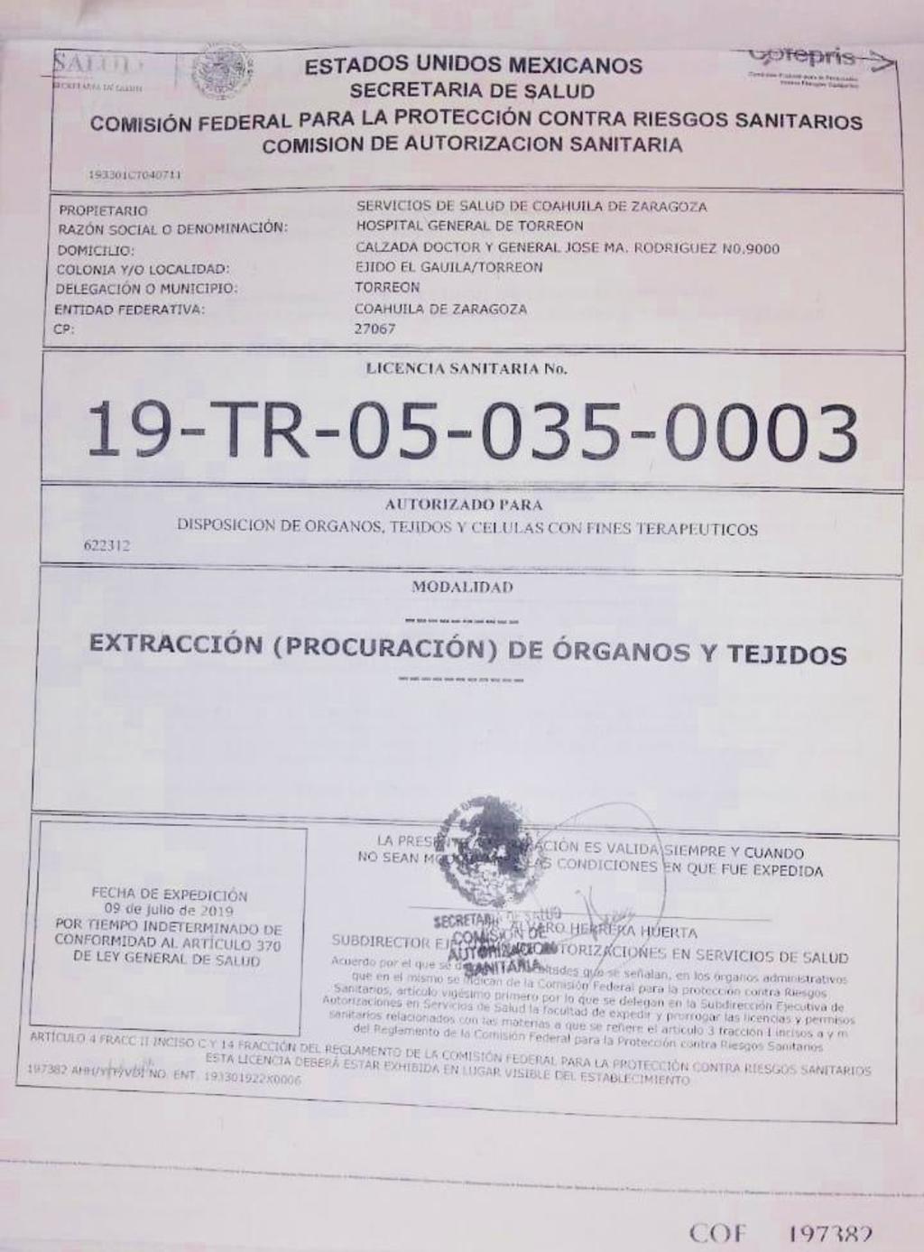 El Hospital General de Torreón obtuvo la licencia para procurar órganos y tejidos. (EL SIGLO DE TORREÓN) 
