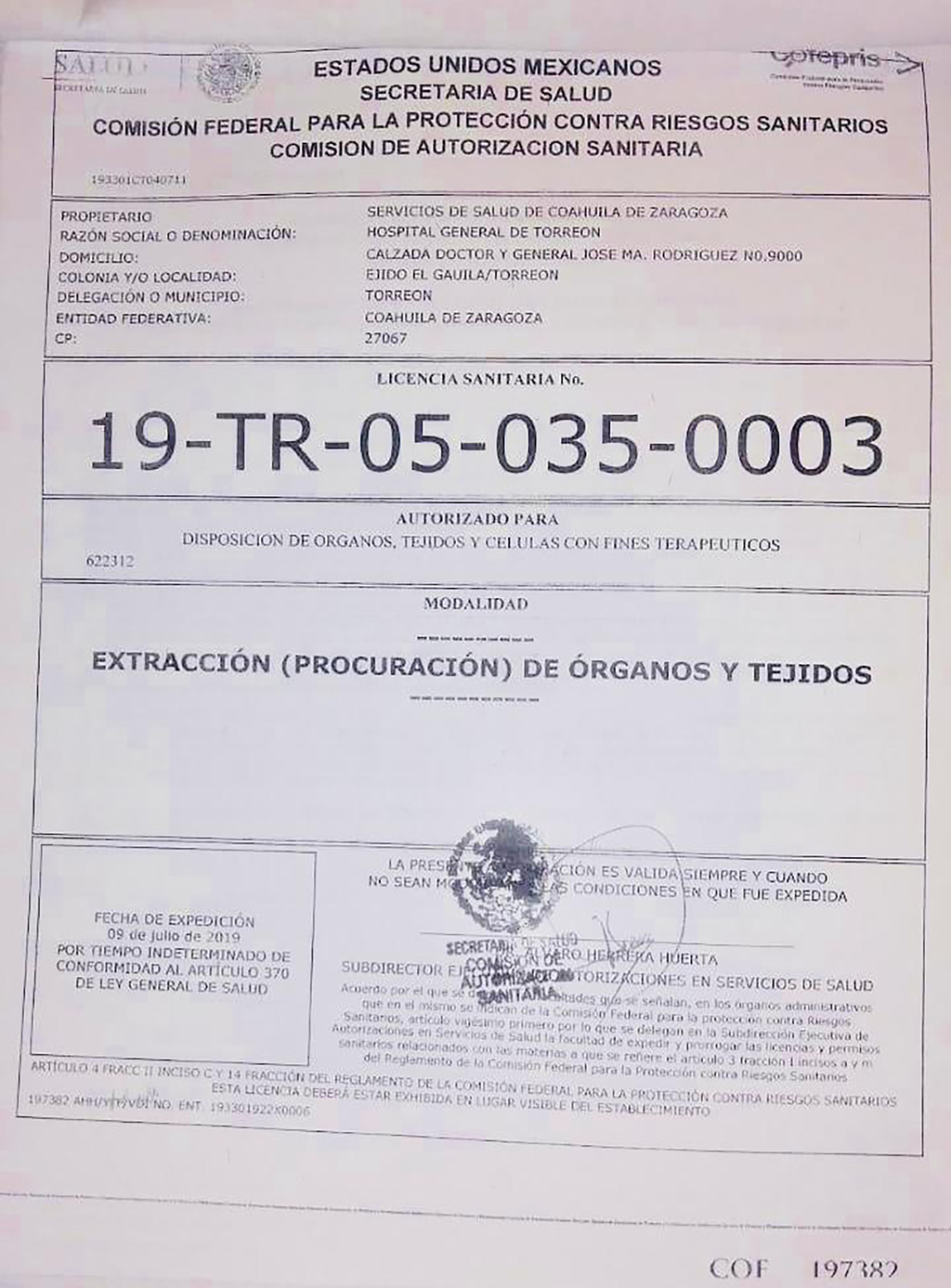 El Hospital General de Torreón obtuvo la licencia para procurar órganos y tejidos.