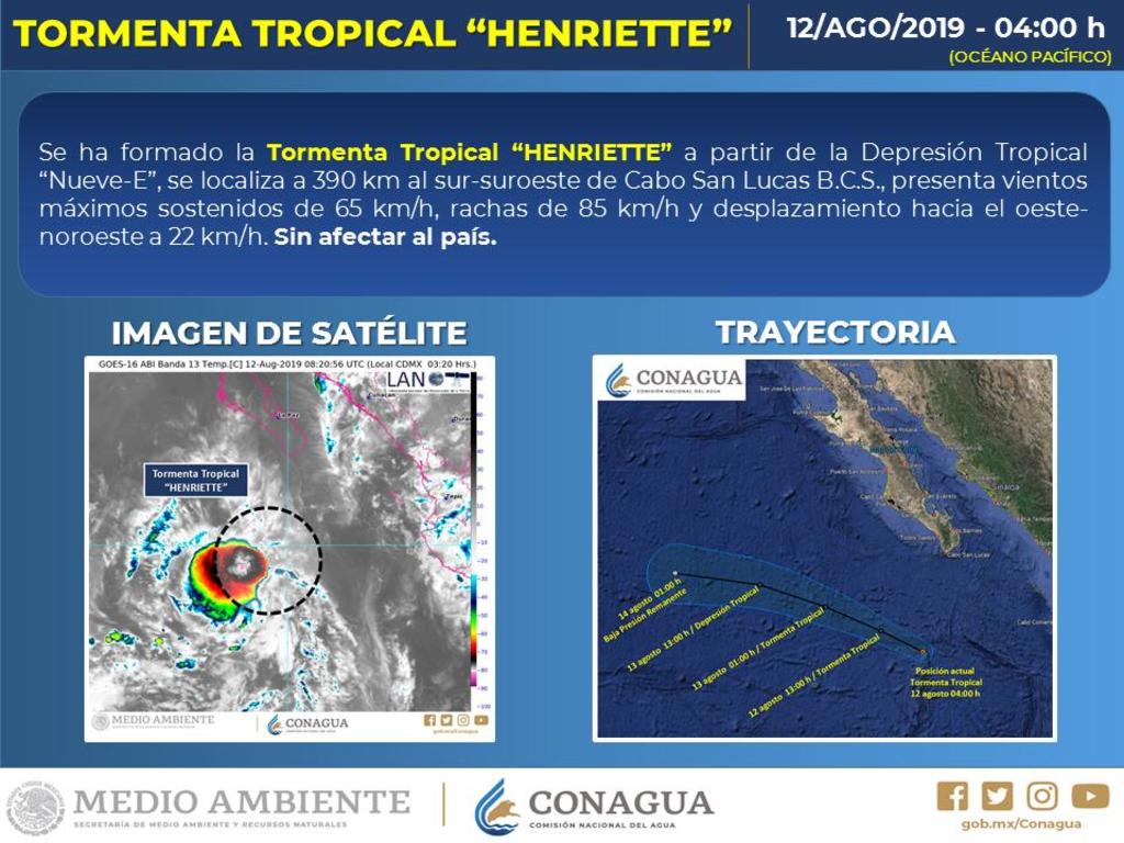 La tormenta tropical Henriette se formó este lunes en las aguas del Pacífico, al oeste de México, aunque se espera que por su lejanía no afecte al país, informó el Servicio Meteorológico Nacional (SMN). (TWITTER)
